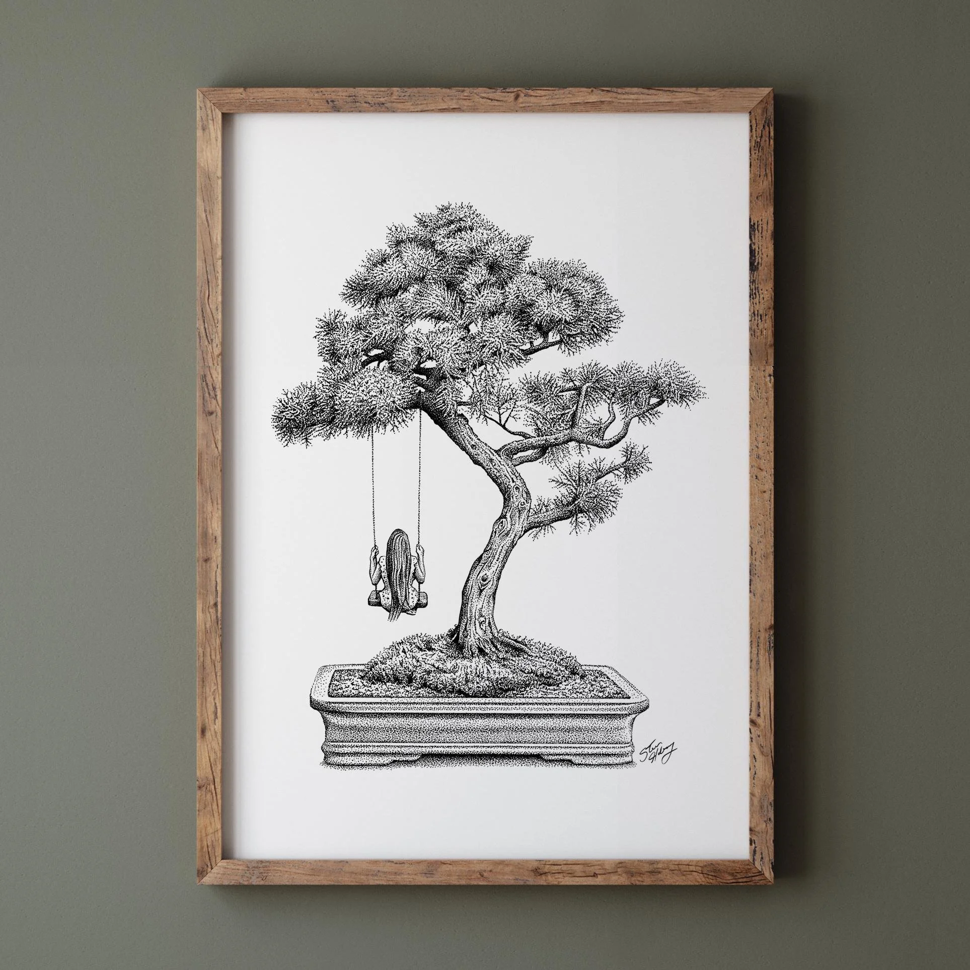 Girl Swinging on Bonsai Art Print — Habby Art - Whimsical Ink